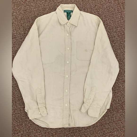 Women's Small Petite Natural Linen Lauren Ralph Lauren Vtg Button Down Shirt - Picture 4 of 12